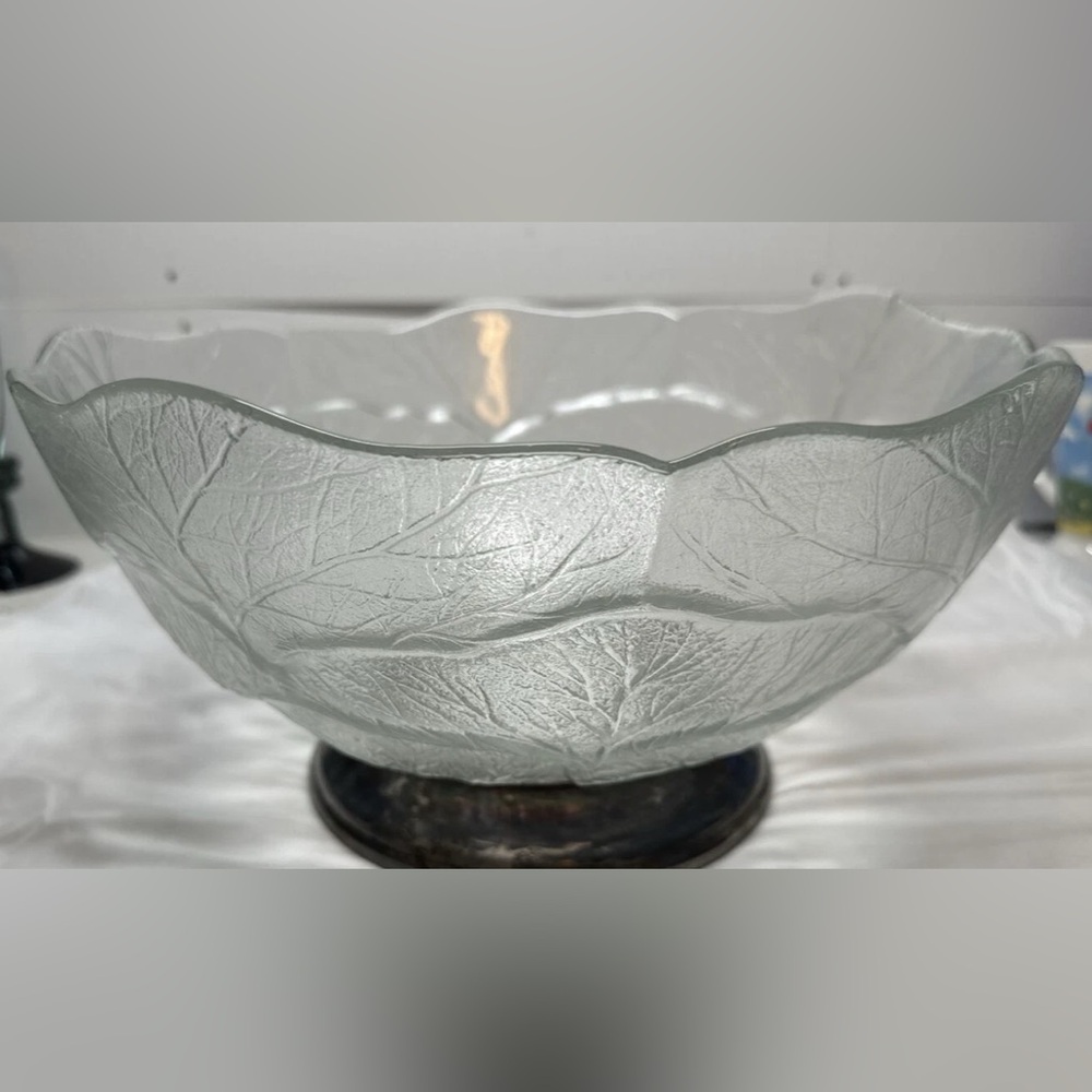 Vintage Godinger Crystal Leaf Salad Bowl- Sterling Silver Bottom